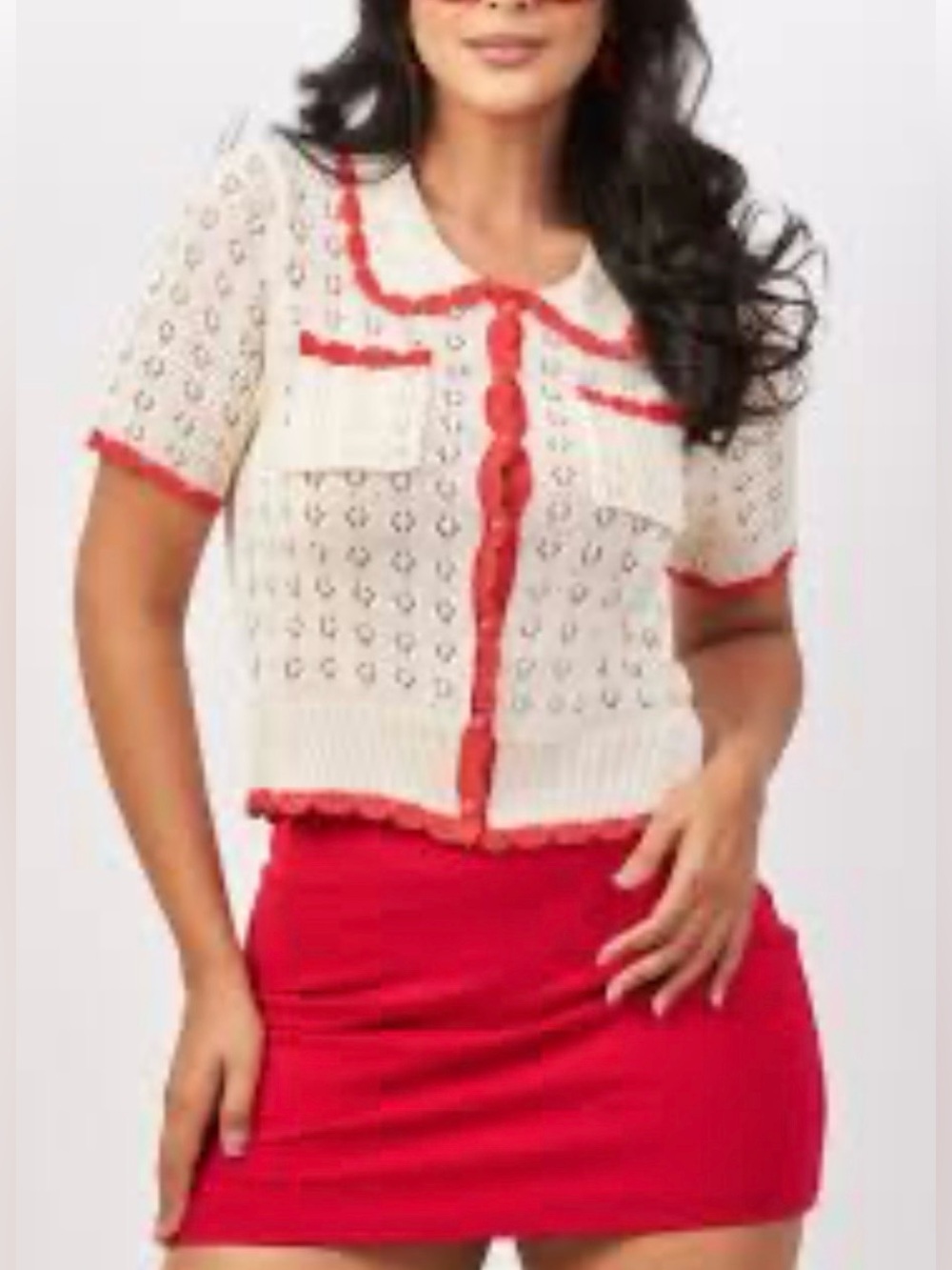 SHEIN Cream Crochet Short-Sleeve Button-Up Cardigan with Red Trim
